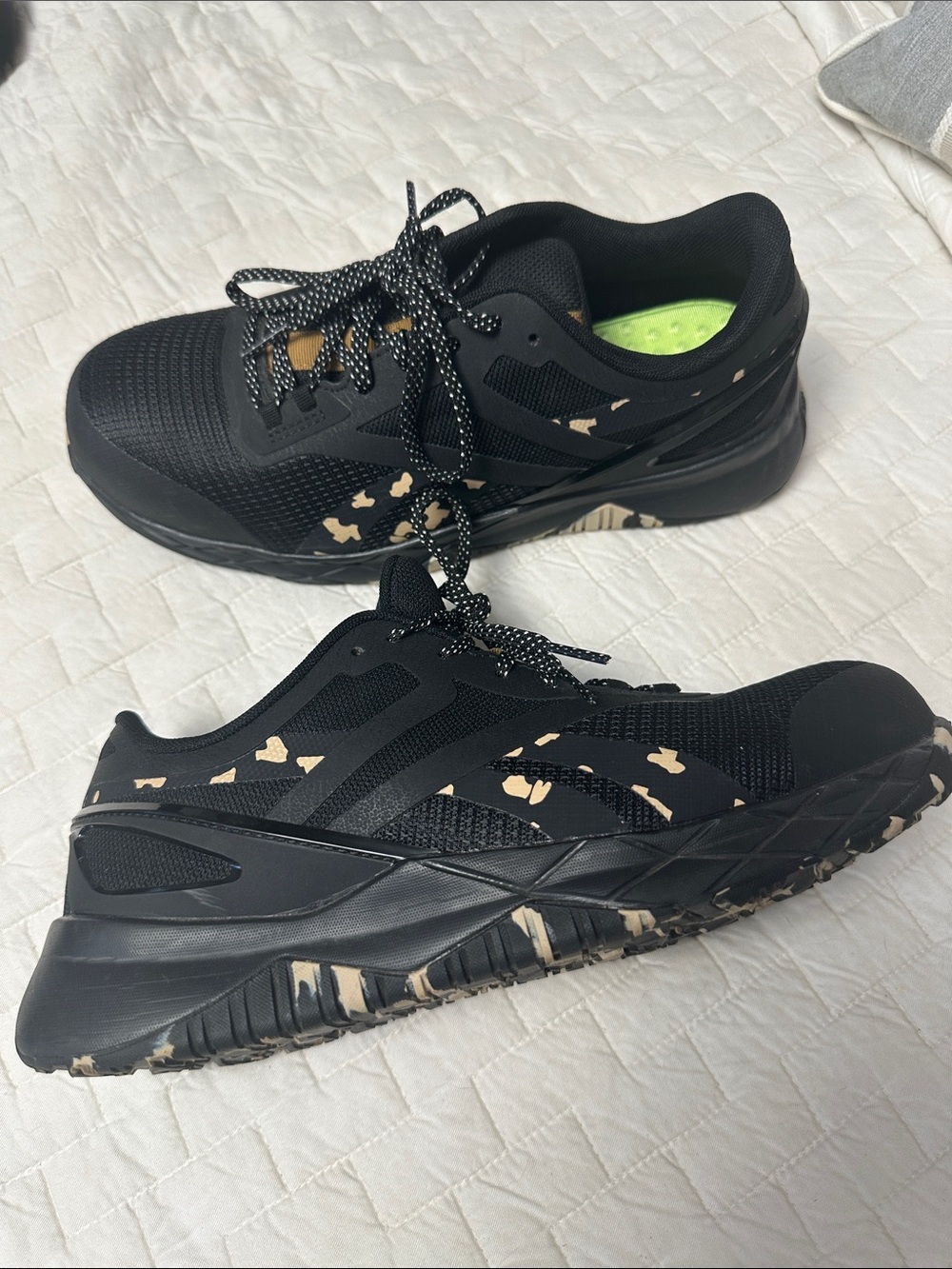 Reebok Nanoflex  Black Sneakers with Tan Camo and Green Insole